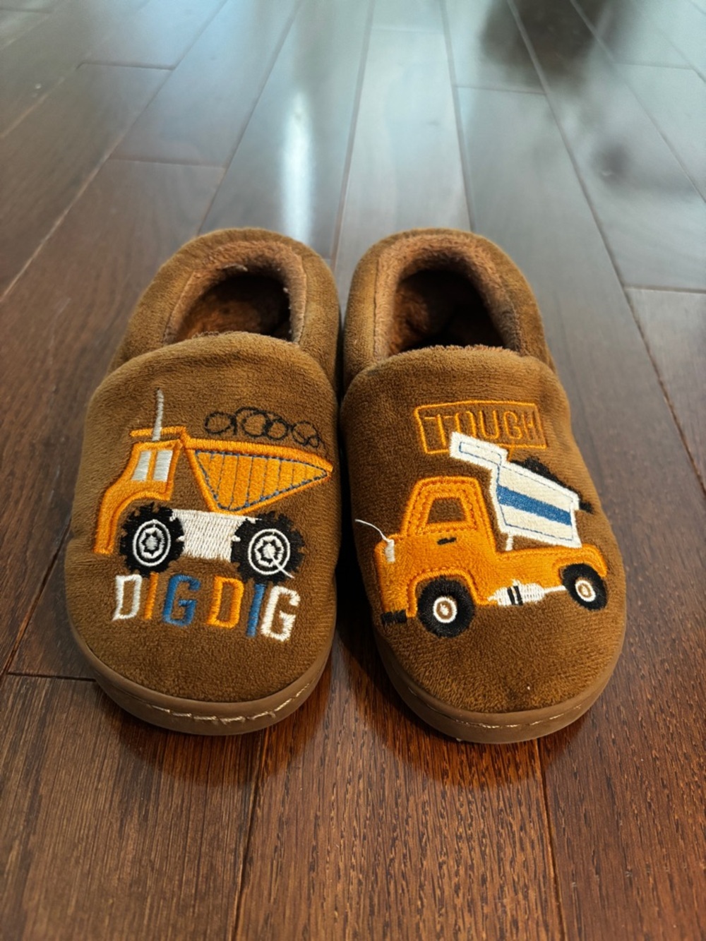 Kids Brown Construction Truck Slip-On Slippers